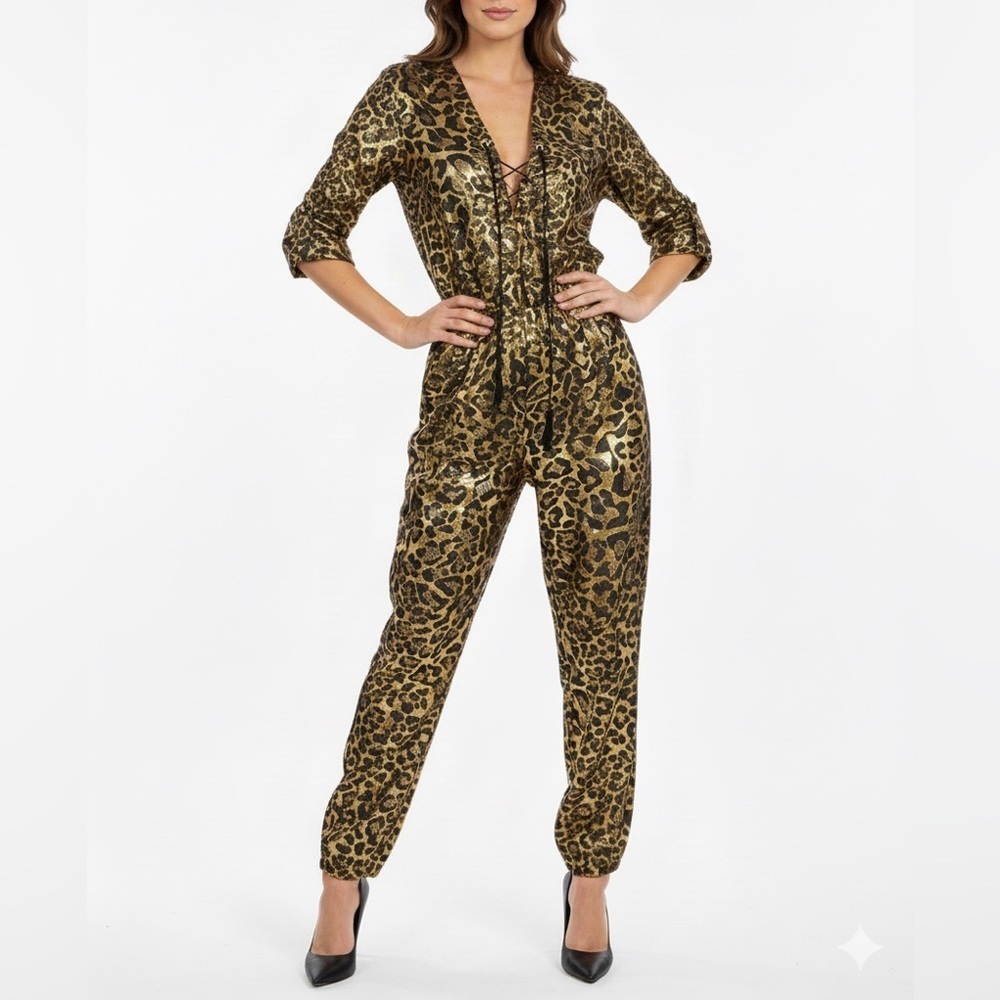 NWT Dundas Wilde Jumpsuit Lurex Metallic Leopard Jacquard Gold Black Sz 38